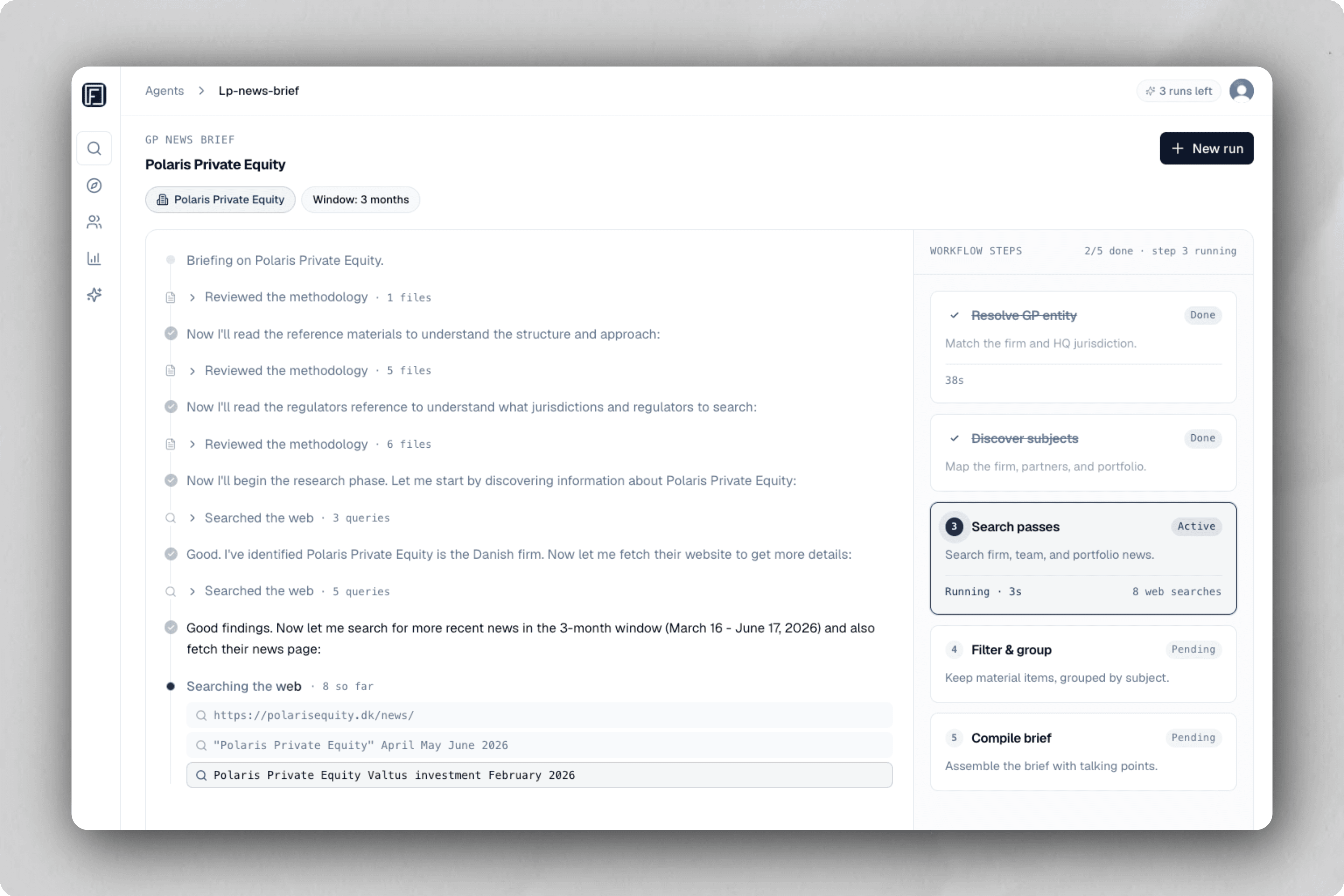 An AI Workflow running in the browser — a GP News Brief showing each step live as the agent resolves the GP, searches the web, and compiles a source-cited brief.