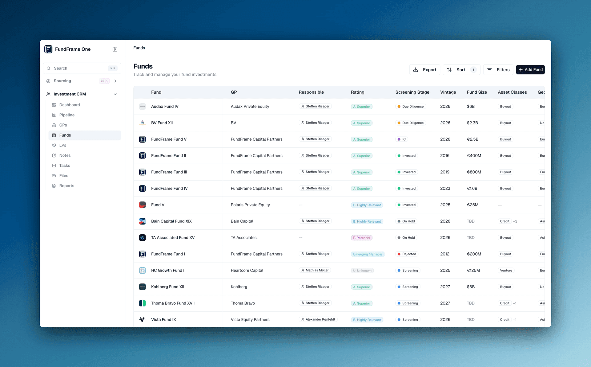 Investment CRM module interface